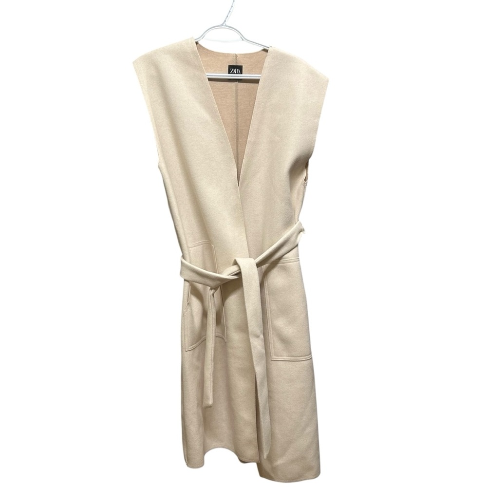 Zara Cream Long Line Sleeveless Belted Vest Jacket Size S